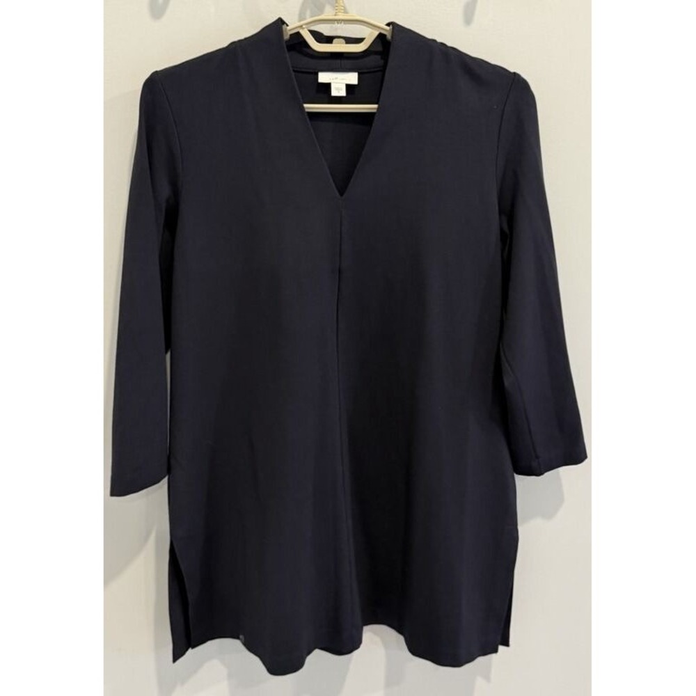 J Jill Ponte Tunic Shirt Navy Blue High Collar V Neck 3/4 Sleeve Size M